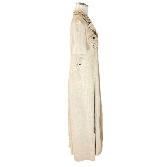 John Roberts Beige Button-Down Midi Dress Size 10 Linen/Rayon Blend Woven Trim S - Picture 10 of 15